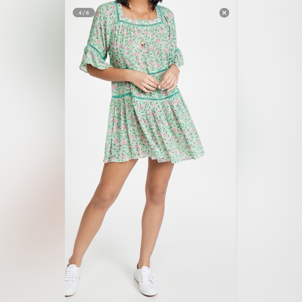 Playa Lucila Green Floral Mini Dress Ruffle Sleeve Boho Spring Summer Dress - Picture 1 of 10